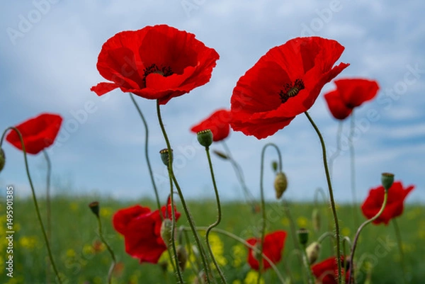 Obraz Gorgeous poppy flowers in a wheat and rapeseed field under a blue sky.
