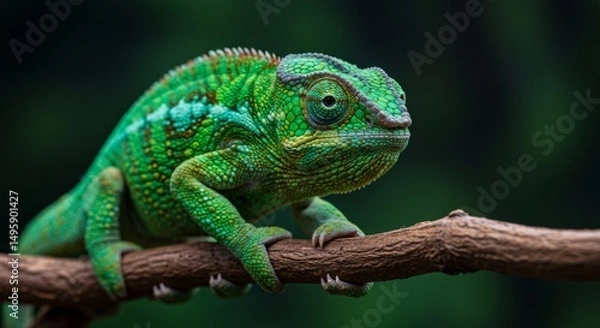 Fototapeta Vibrant chameleon perched on branch in lush environment for nature and wildlife enthusiasts