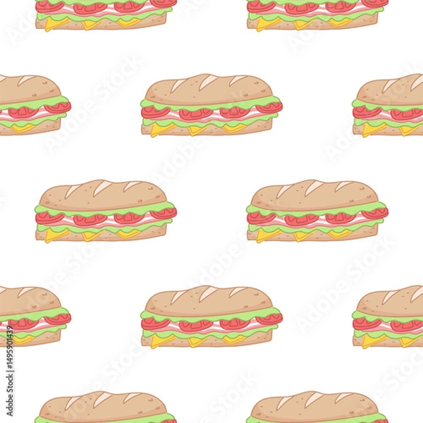 Fototapeta A cute seamless pattern with submarine sandwich with tomatoes, bacon, lettuce and chees. Restaurant delivery packaging template. Great for backgrounds, banner, wrapping paper, fabric, notebook cover.
