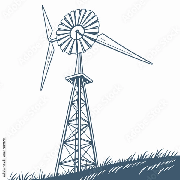 Fototapeta Windmill in a field renewable energy farm sustainable power generation