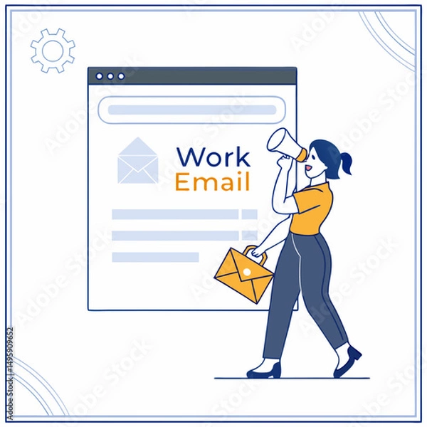 Fototapeta Woman announcing work email using megaphone and briefcase