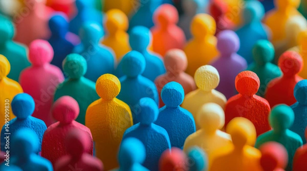 Fototapeta Colorful painted group of people wooden figures, diversity concept. Edited Ai
