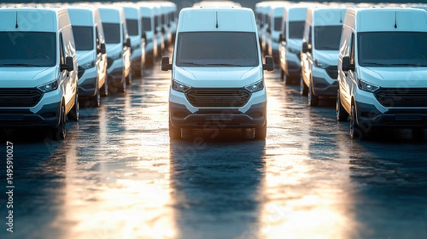 Fototapeta Rows of white commercial delivery vans for transporting services. Photo taken at sunset. Edited ai generated image
