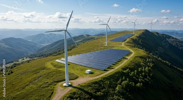 Fototapeta Renewable energy landscape with wind turbines and solar panels in scenic mountainous area