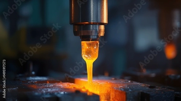 Fototapeta Molten metal pouring from industrial forging press under extreme heat in factory workshop with glowing orange light and steel reflections