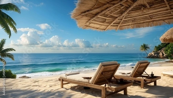 Fototapeta A serene beach setting with ocean views and lounge chairs