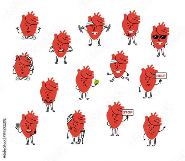 Obraz Cute cartoon heart character with different facial expression and body posture. Hand drawn doodle kids friendly character for health campaigns, promotions or educational materials. Editable stroke