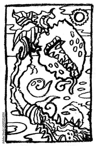 Fototapeta Imaginative hand-drawn black and white line art of a surreal carnivorous plant with swirling and abstract details. Designed in bold lines, this fantasy illustration is ideal for coloring books, especi