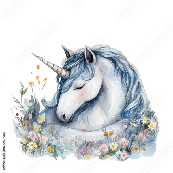 Obraz Serene Blue Unicorn Surrounded by Colorful Flowers in a Whimsical, Dreamy Setting on transparent background