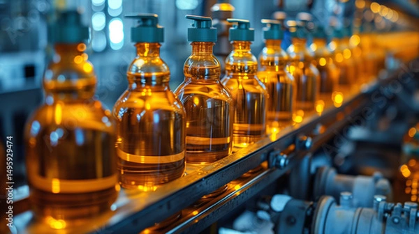 Fototapeta Conveyor belt carrying glass bottles filled with liquid in a factory