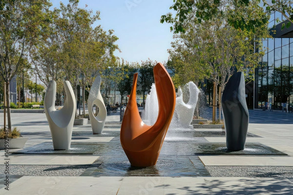 Obraz Public plaza with modern sculptures and water fountains