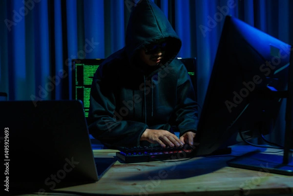Fototapeta A hacker operates in a dark room, stealing sensitive data through cybercrime — representing one of the most significant digital threats and losses today.