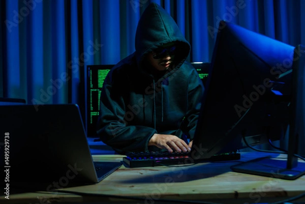 Fototapeta A hacker operates in a dark room, stealing sensitive data through cybercrime — representing one of the most significant digital threats and losses today.