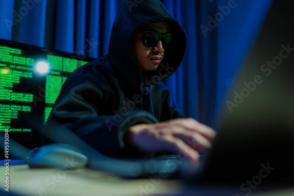 Fototapeta Male hacker in a dark room trying to steal global user data to sell on the dark web, representing serious threats in modern cybercrime.