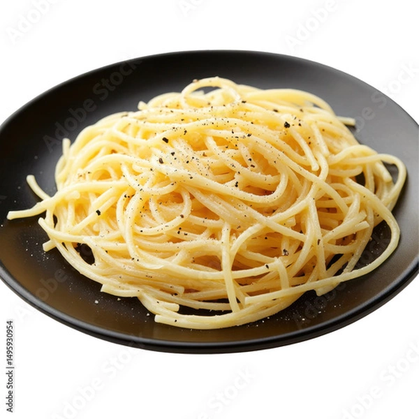 Obraz Classic Spaghetti Aglio e Olio with Black Pepper on a Black Plate on transparent background