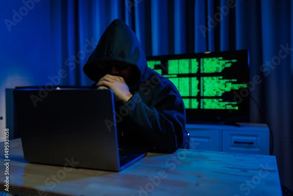 Fototapeta Male hacker in a dark room trying to steal global user data to sell on the dark web, representing serious threats in modern cybercrime.