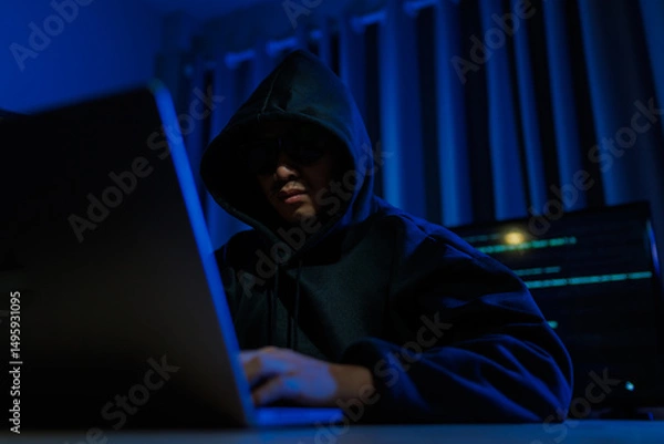 Fototapeta Male hacker in a dark room trying to steal global user data to sell on the dark web, representing serious threats in modern cybercrime.