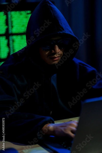 Fototapeta Cybercriminal hacking sensitive data in a dark room, reflecting the secretive and high-risk nature of digital threats in today’s online world.
