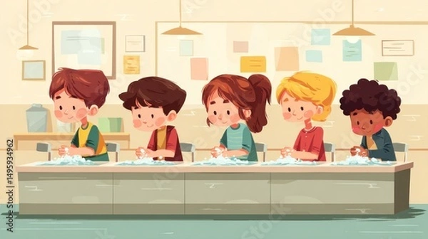 Fototapeta Children washing hands in a classroom