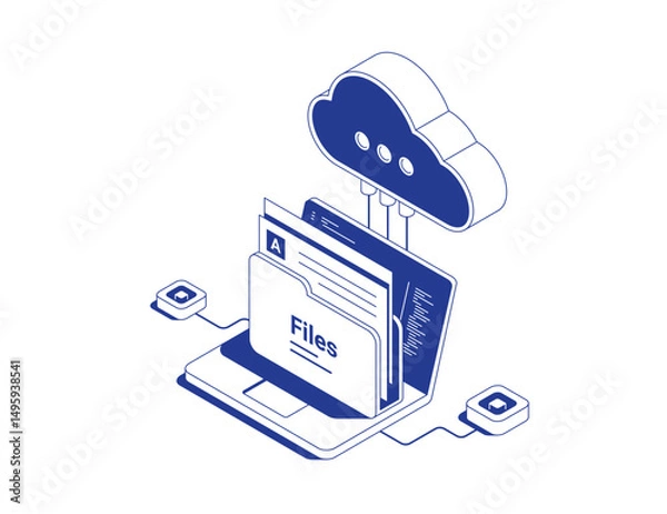 Fototapeta Cloud storage concept with laptop, document folder and floating cloud icon connected to small servers by data flows in isometric line contour vector illustration.