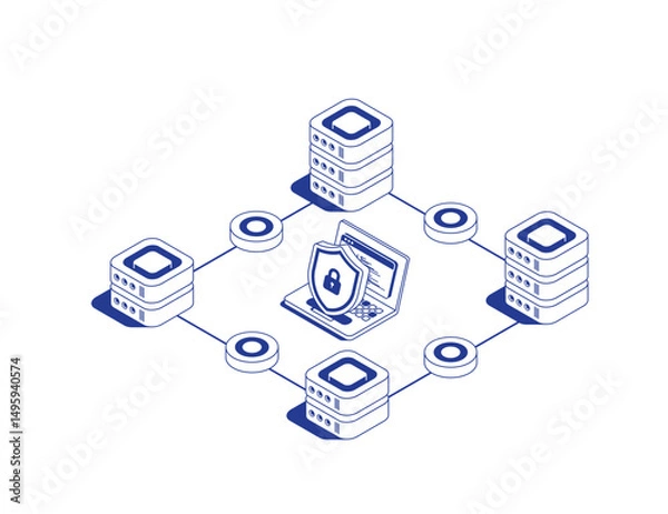Fototapeta Secure data center concept with 4 server racks connected by data flows, laptop and security shield symbolizing cyber protection in isometric line contour vector illustration.