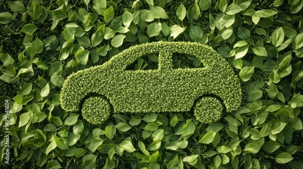 Obraz Creative representation of an eco-friendly vehicle made from lush green foliage on a bed of vibrant leaves in a natural setting