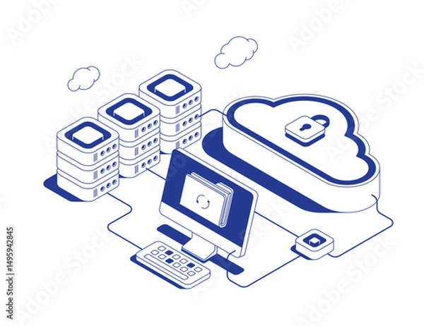 Fototapeta Secure cloud backup system with PC, server racks and data recovery concept showing file restoration through connected data flows in isometric line contour vector illustration.