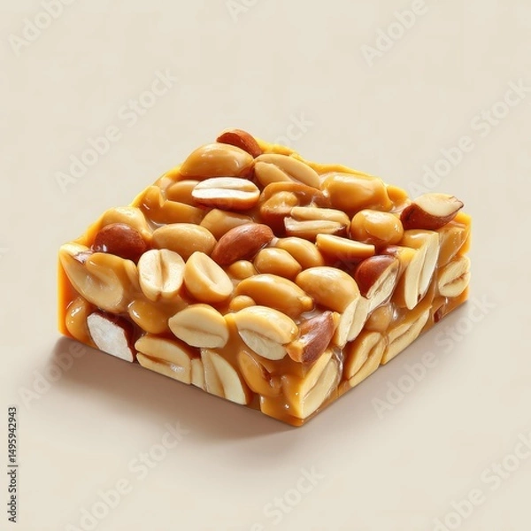 Fototapeta Close up view of a square shaped peanut brittle candy piece on a plain background