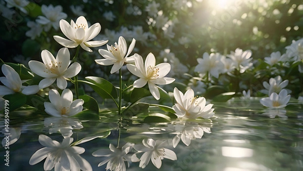 Obraz Blooming white flowers reflect on water, illuminated by sunlight, creating a serene and tranquil atmosphere in nature.