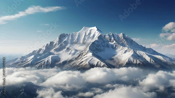 Obraz Majestic snow-capped mountain peak towering above the clouds under a clear blue sky, showcasing natural beauty and grandeur.