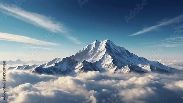 Obraz A majestic mountain peak rises above a sea of clouds under a clear blue sky, creating a breathtaking natural landscape.