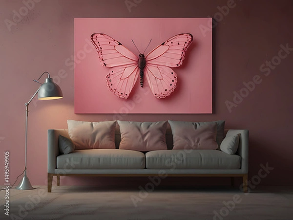 Obraz A minimalist living room featuring a pink butterfly artwork above a cozy sofa, complemented by a stylish lamp against a textured wall.