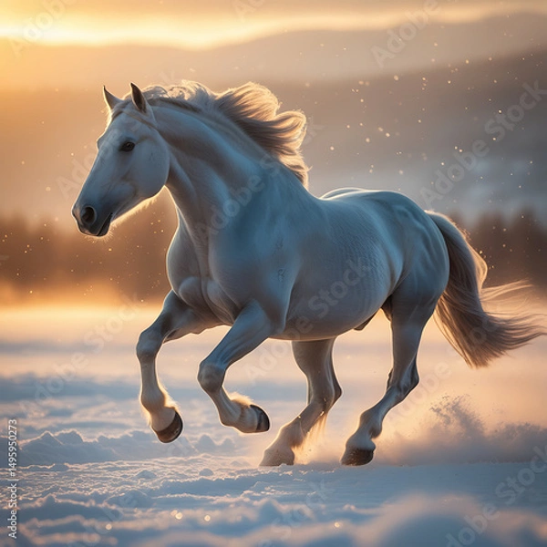 Obraz A majestic horse gallops through a snowy landscape, illuminated by a golden sunset, creating a serene and powerful scene.