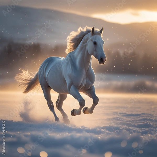 Obraz A majestic white horse gallops through snow, with a stunning sunset backdrop creating a serene winter landscape.
