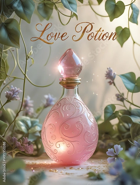 Obraz A decorative bottle labeled "Love Potion" surrounded by lush greenery and delicate flowers, creating a magical ambiance.