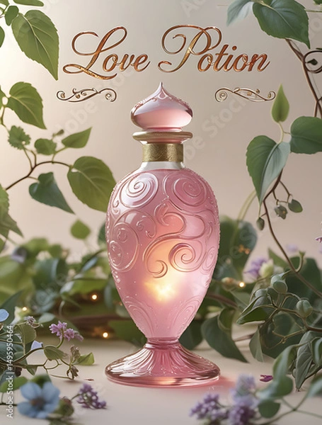 Obraz A decorative glass bottle labeled "Love Potion" surrounded by greenery and flowers, exuding a whimsical and enchanting vibe.
