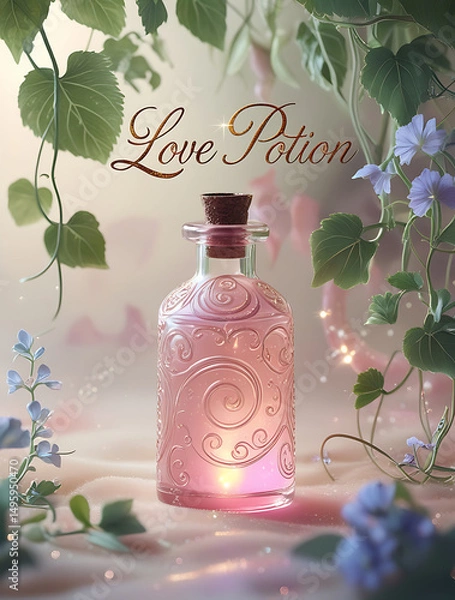 Obraz A decorative glass bottle labeled "Love Potion," surrounded by lush green vines and delicate flowers, exudes a magical, enchanting atmosphere.