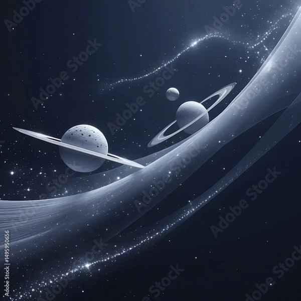 Obraz A cosmic scene featuring planets, rings, and sparkling stars against a dark background, evoking a sense of wonder and exploration.