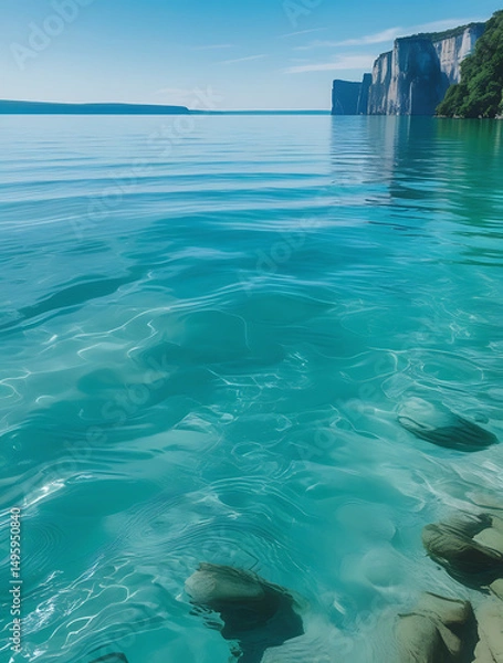 Obraz Serene turquoise waters reflecting cliffs under a clear sky create a tranquil and picturesque landscape.