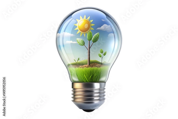 Fototapeta 3D Clean Energy Light Bulb with Plant Illustration on Transparent Background PNG