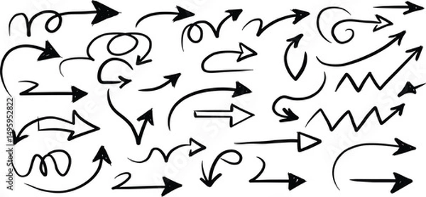 Obraz Crayon arrow sketches collection - hand drawn doodle style pointers, curved lines, round swirls. Chaotic scribbling, artistic design elements set.