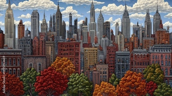 Fototapeta Autumnal cityscape view of a bustling metropolis.