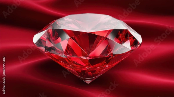 Obraz An exquisitely cut ruby gemstone gleams with facets reflecting light on a plush red velvet fabric, showcasing its brilliance and luxurious allure of wealth and status.