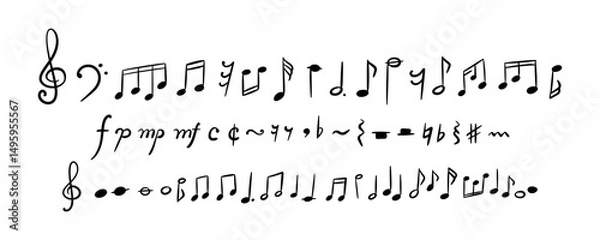 Fototapeta Set if hand drawn doodle music notes, signs and symbols. Handwritten crayon scribble icon set. Treble and bass clef, music sheet keys, half, whole, quarter note and rest. Classic tune melody
