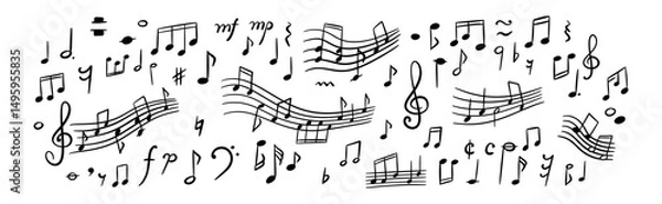 Fototapeta Classic music handwritten sketch background. Set of doodle notes, composer signs and symbols. Dynamic melody concept. Music sheet and staff. Piano classical concert vector illustration