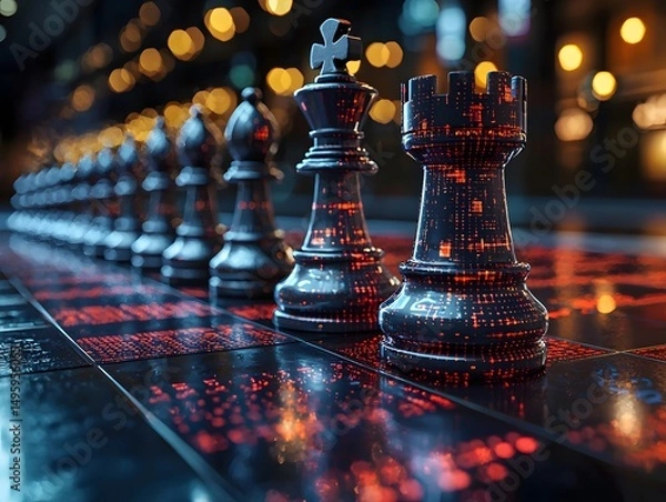 Fototapeta A futuristic corporate chess game representing key business sectors