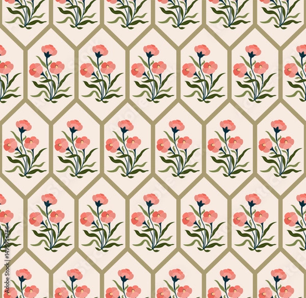 Fototapeta Hand drawn colourful geometric flowers, seamless patterns with floral for fabric, textiles, clothing, wrapping paper, backdrop, banner, illustration, abstract backgrounds.

