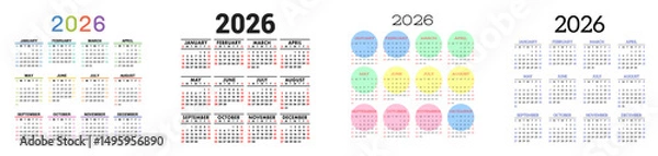 Obraz English calendar 2026 year collection. Square vector pocket or wall calender design template set. Week starts on Sunday