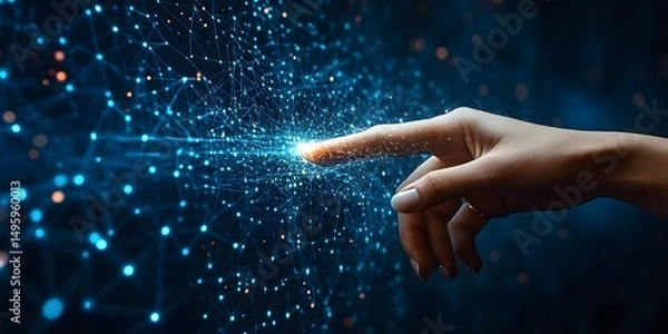 Fototapeta Human Finger Touching Glowing Digital Network, Futuristic Techno