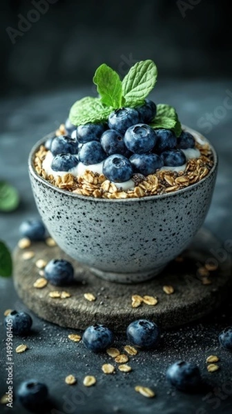 Fototapeta Fresh blueberry and granola bowl garnished with mint leaves on a textured dark surface